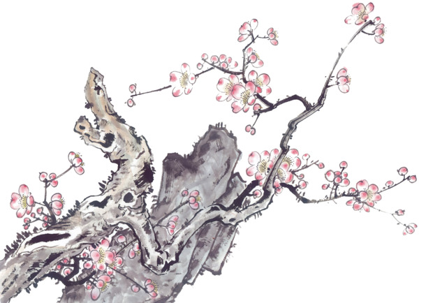 水墨梅花PNG透明图片，精美装饰元素，笔触细腻，设计素材免费下载