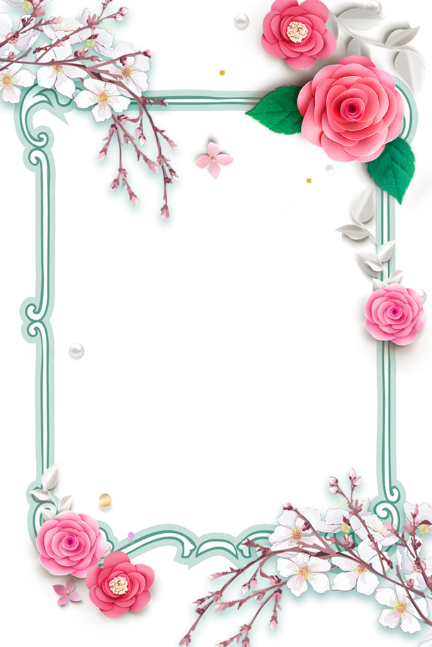 春季唯美3D花朵边框PNG透明图，PSD设计素材高清下载