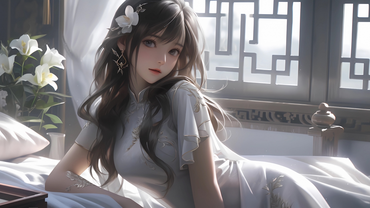 古风长发美女鲜花绘，4K高清动漫壁纸，3840x2160分辨率下载