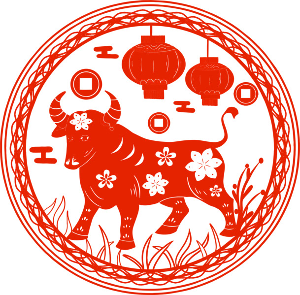牛年剪纸窗花，精美PNG透明图片，元旦春节元宵节日素材下载