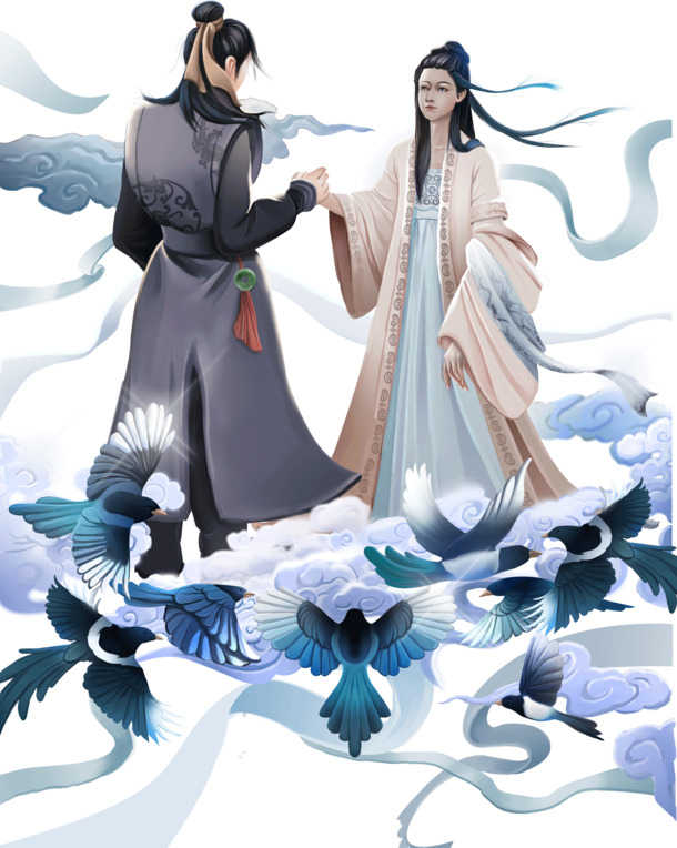 牛郎织女鹊桥会，情人节PNG透明图片素材，高清下载