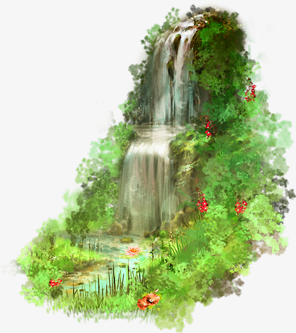 手绘浪漫高山流水PNG素材，高清透明，卡通手绘元素，设计必备！
