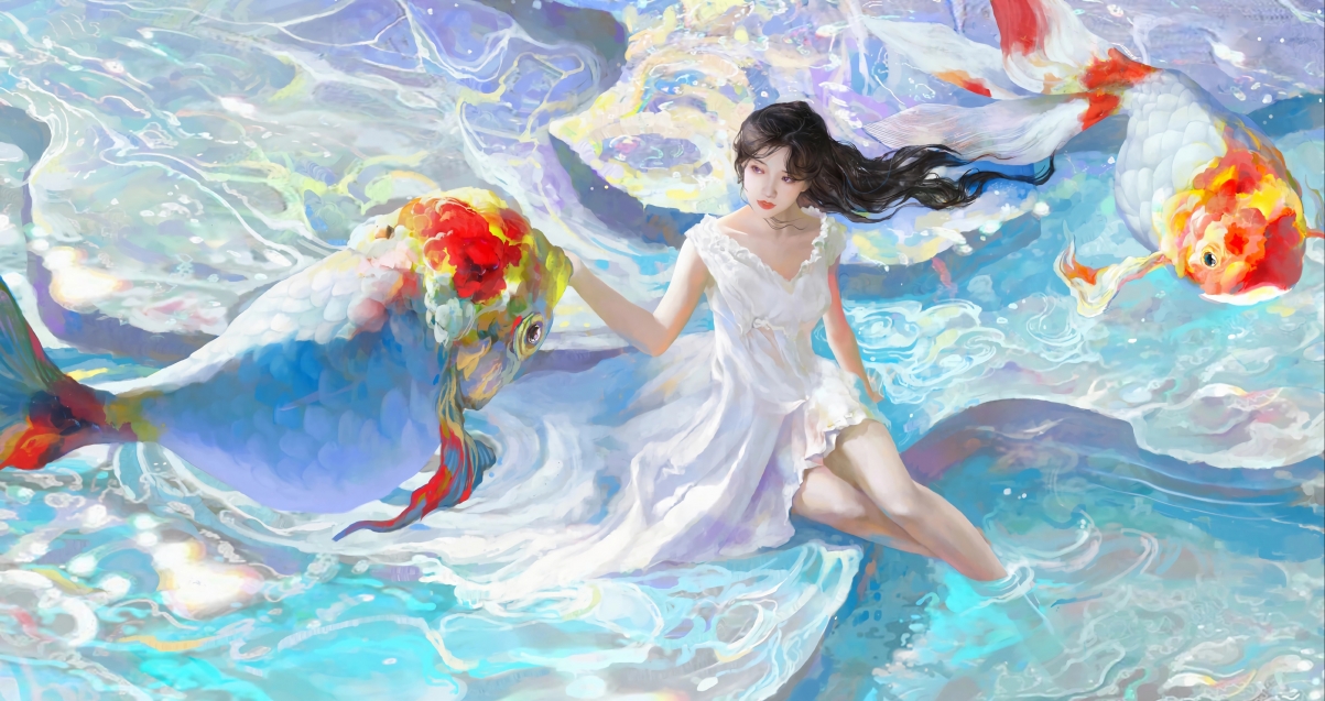 大海鱼影，唯美女孩，精选4K动漫壁纸，高清背景图下载