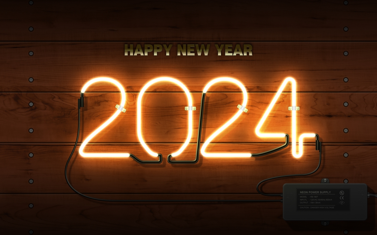 2024年新年霓虹灯氖光电源4K超清壁纸，4000x2500高清背景图片素材下载