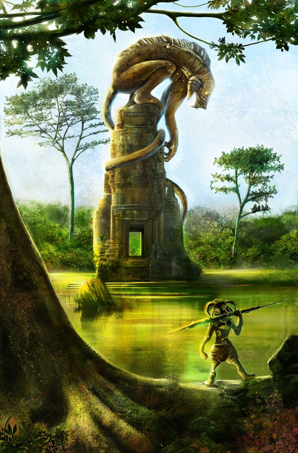 森林恶魔雕塑海报背景，高清PNG透明素材，卡通手绘风格，免费下载