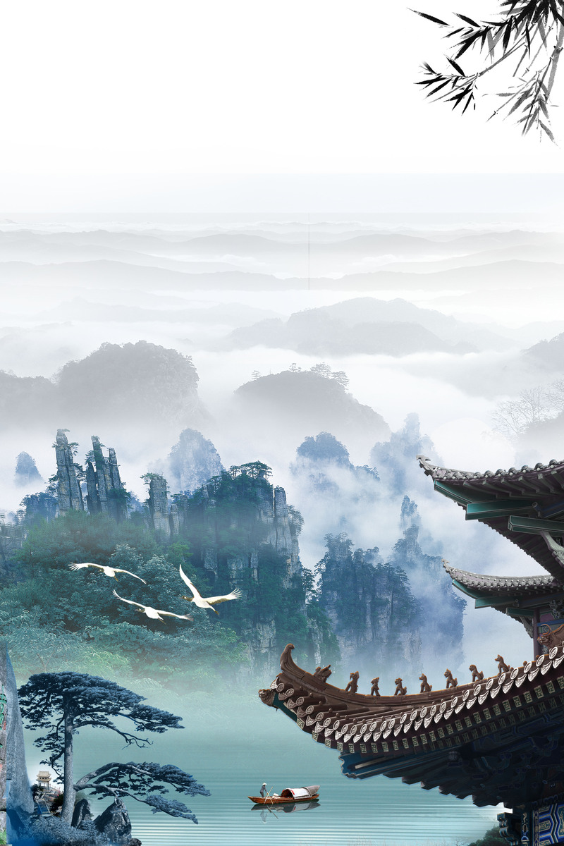 中国风山水画海报背景，高清JPG与复古PSD设计素材下载