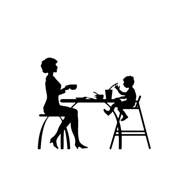 黑色剪影小孩与妈妈共餐，高清PNG透明免抠图标，素材下载