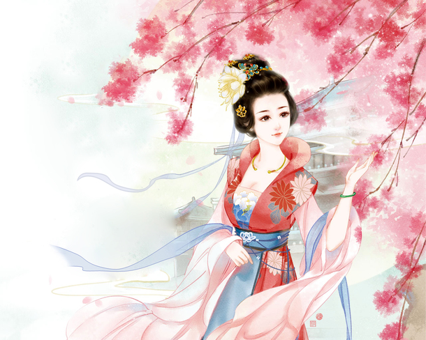古风清纯少女手绘PNG透明背景，优雅卡通图片素材下载
