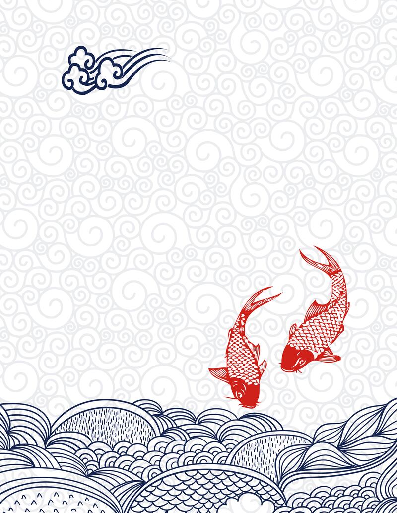 中国风手绘锦鲤海水纹背景，复古矢量素材，高清JPG下载