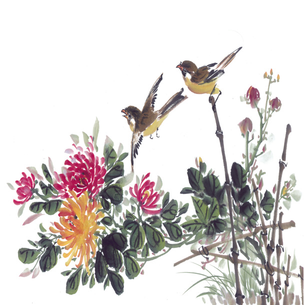 中式花鸟水墨画PNG透明图，高清装饰元素，笔触墨迹设计素材下载