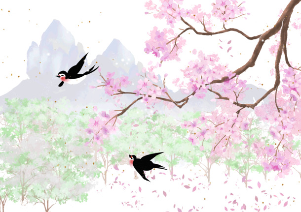 樱花远山燕子手绘PNG透明图片，卡通元素PSD设计素材下载