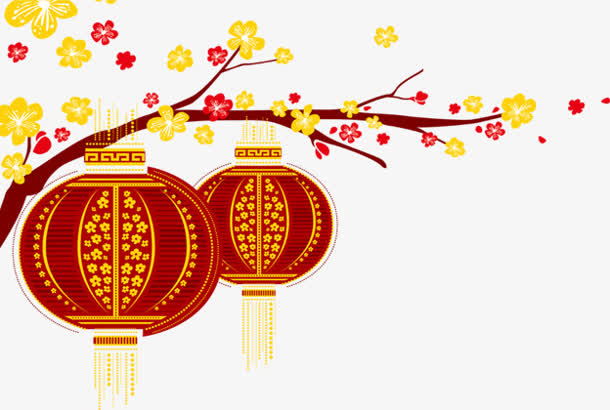 春节元宵灯笼树枝装饰PNG，高清透明中国风图片素材下载