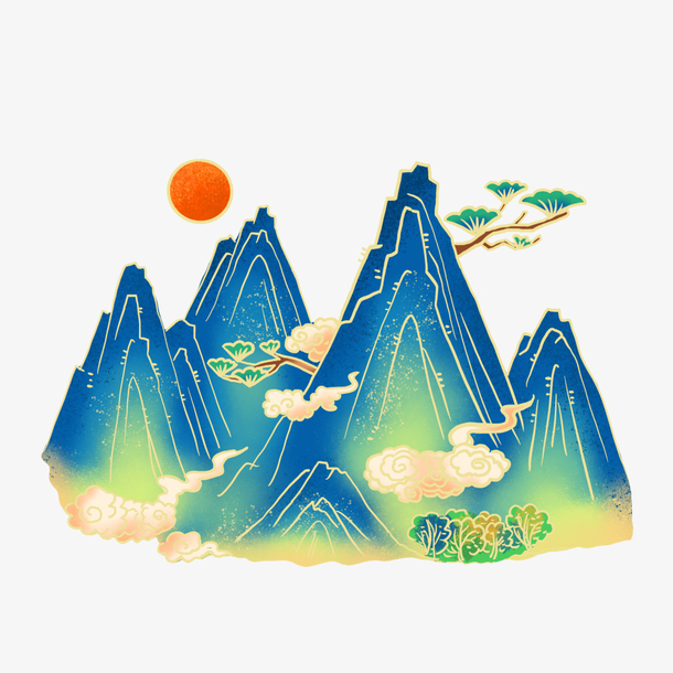 国潮手绘描边山体PNG透明图，卡通手绘元素，高清素材下载