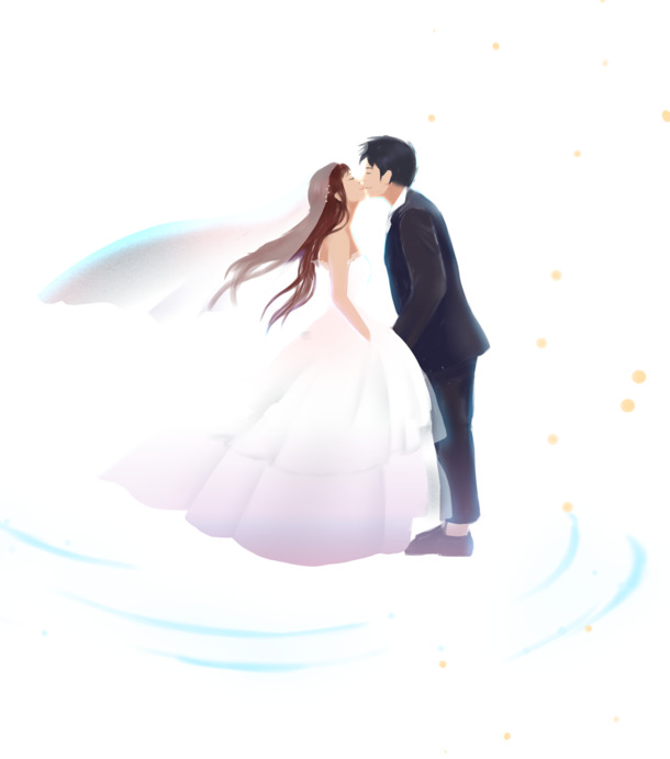 浪漫婚礼手绘卡通情侣插画，高清PNG免抠素材，PSD格式设计元素下载