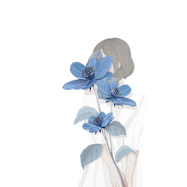 手拿蓝花女士手绘插图，高清PNG透明版，卡通手绘元素设计素材下载