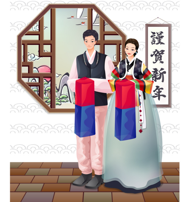 韩国传统夫妇插画，高清PNG透明图片，节日元素丰富，含元旦、春节、元宵，AI格式设计素材下载
