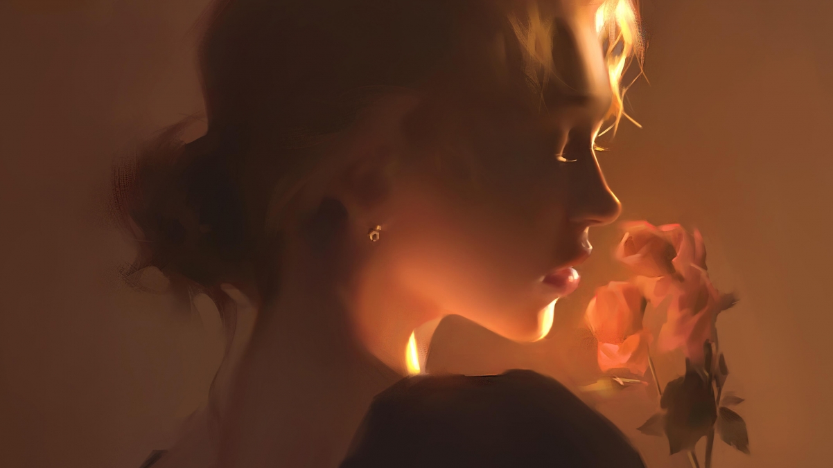 唯美闭眼美女绘画，手捧玫瑰花，高清4K壁纸，3840x2160动漫风格下载