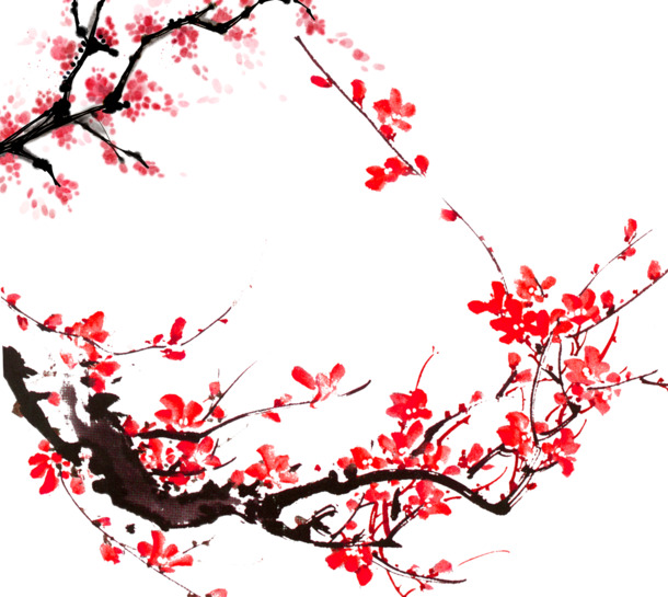 红色梅花水墨风PNG透明图，高清装饰元素与笔触设计素材下载