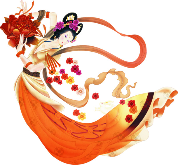 中秋节，手绘红妆美女与红花，高清PNG透明图片，节日元素设计素材免费下载