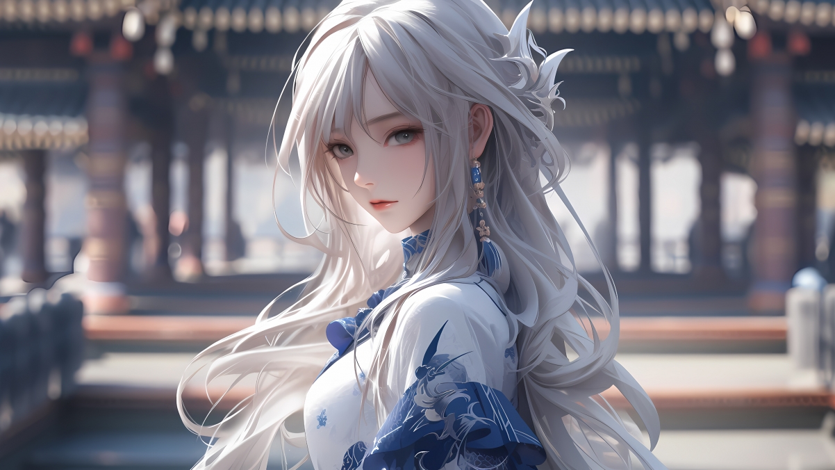 绝美青花瓷图案，动漫女神4K超清壁纸，3840x2160高清下载