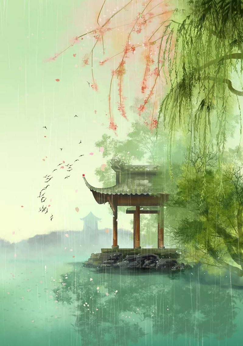 绵绵春雨复古中国风海报设计素材，高清JPG与PSD格式下载
