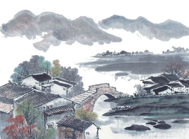 水墨村庄桥梁PNG透明图，装饰元素，笔触设计素材下载