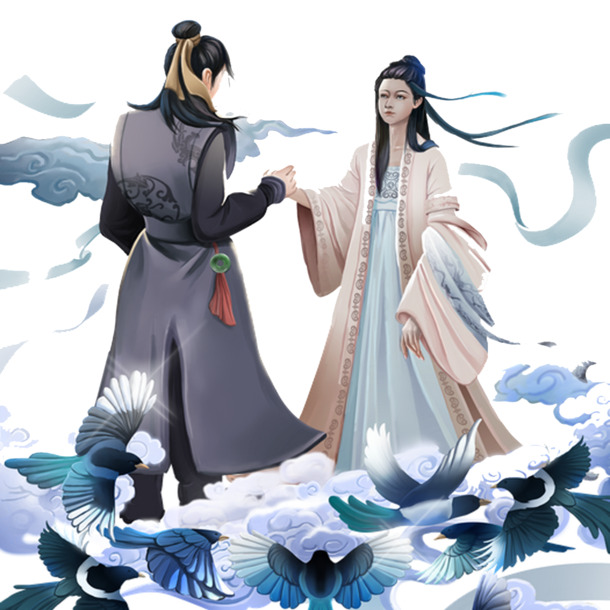 七夕情人节，牛郎织女漫画PNG透明图片，高清素材下载