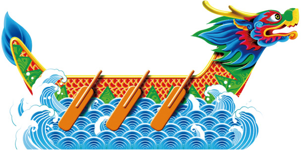 蓝色卡通波浪龙舟PNG素材，高清透明，端午节日设计必备
