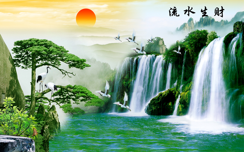 迎客松流水生财电视背景墙，复古中国风高清JPG与PSD设计素材下载