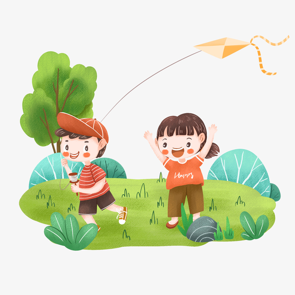 春天踏青放风筝，童趣盎然！手绘卡通PNG透明图片，下载即用！