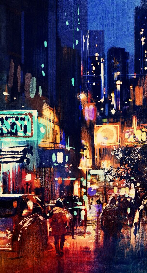 水彩城市夜景壁纸，高清PNG透明背景，H5设计素材免费下载