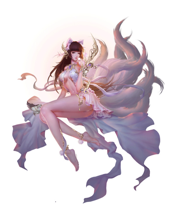 九尾狐古风美女，手绘PNG透明图，卡通元素设计素材，高清下载