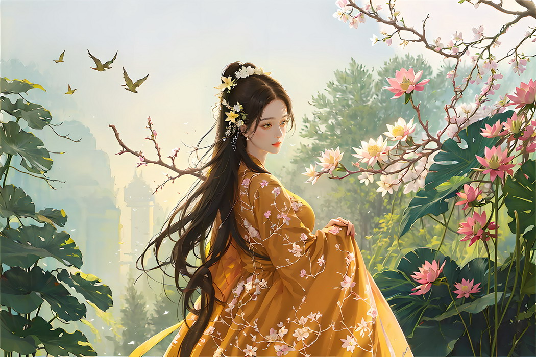 水墨鸟韵，长发花饰美女独奏，身着黄色连衣裙倚树枝，发间绽放莲花——高清4K壁纸下载