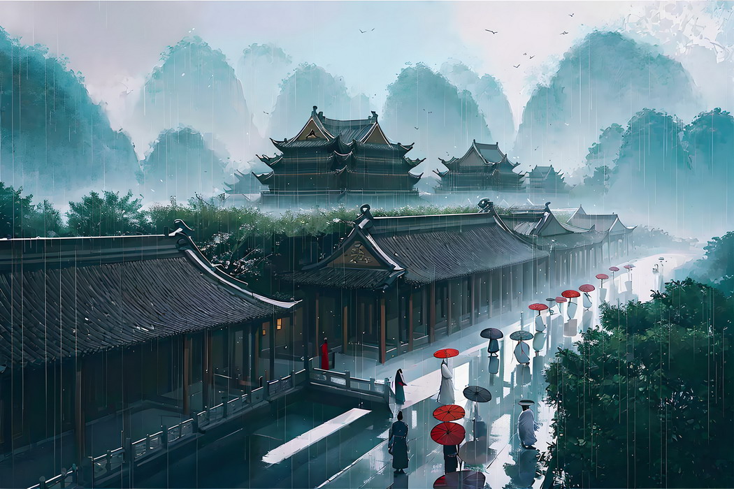 水墨风景，户外撑伞与古建筑，汉服黑发，4K高清壁纸下载