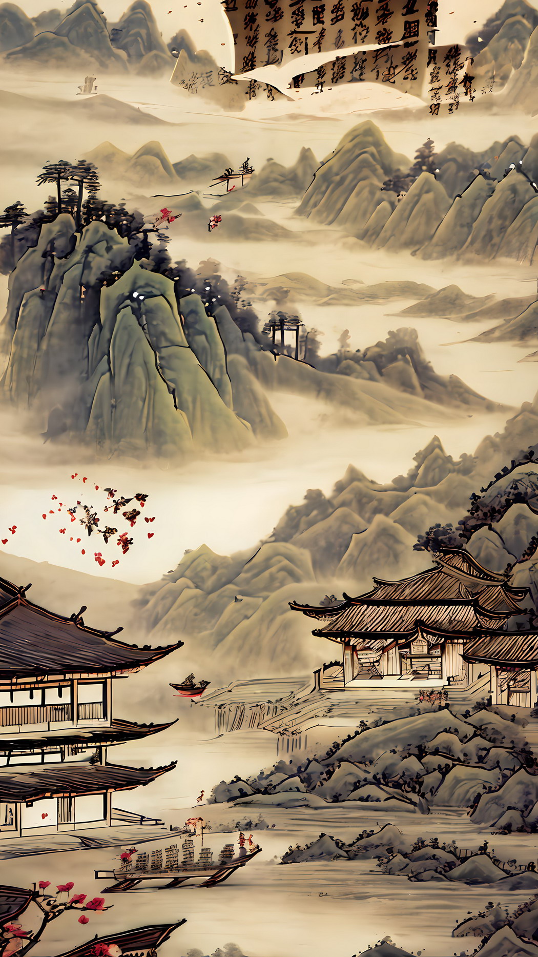 古韵水墨彩画，竹船桥建筑云湖山河雾景，超清4K手机壁纸下载