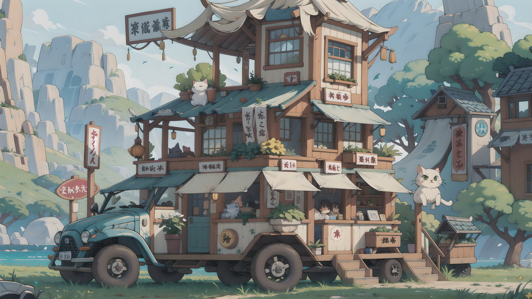 日系可爱房车杂货店，高清Yokai插图与萌猫4K动漫壁纸下载