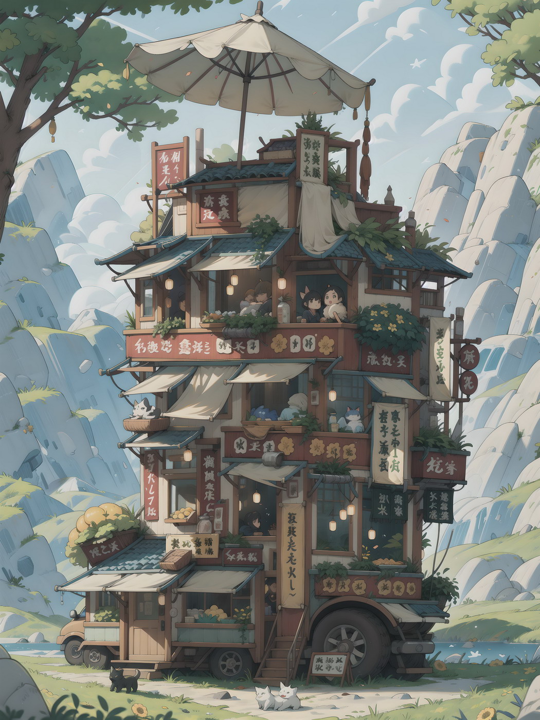 日系Yokai插画，原创卡通房车杂货店，超清4K动漫壁纸，手机高清3000x4000下载