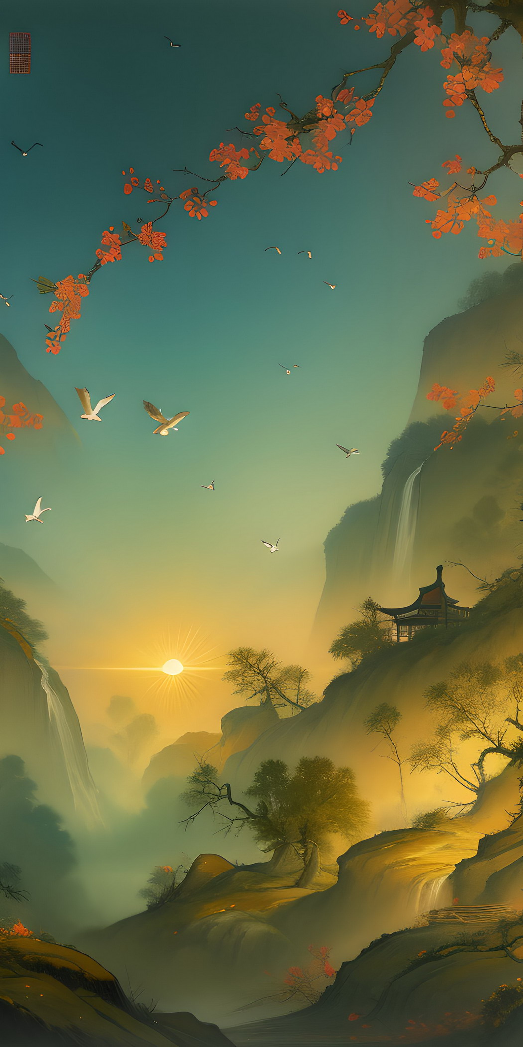 中国风韵，绝美风景建筑，树影婆娑映夕阳，4K高清壁纸下载