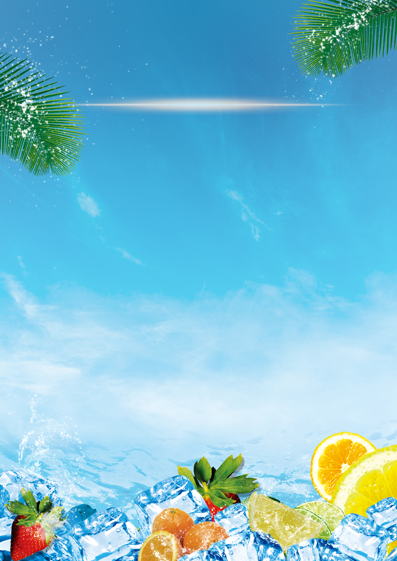 夏日冰橙蓝天椰林海报背景，高清JPG素材，创意图片设计下载
