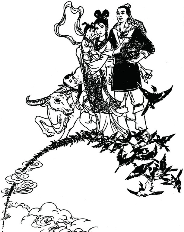 七夕情缘，牛郎织女水墨画海报背景，高清PNG透明图片，装饰元素丰富，笔触优雅，下载设计素材