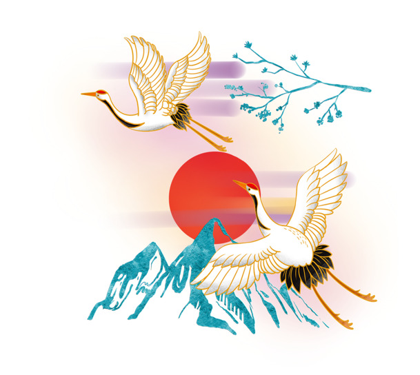 国潮仙鹤山树枝PNG透明图，中国风装饰元素，高清PSD设计素材下载