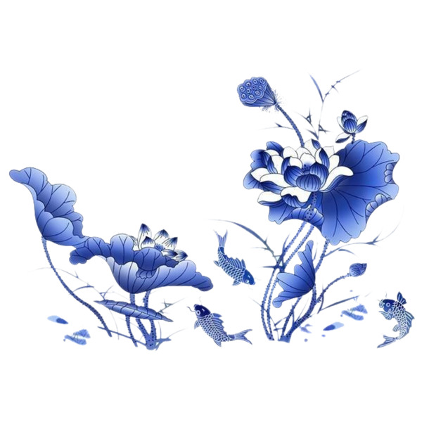 青花瓷荷花PNG透明图，中国风装饰元素，高清下载
