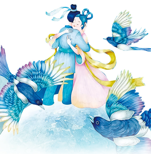 手绘牛郎织女七夕PNG透明图，中国风情人节素材下载