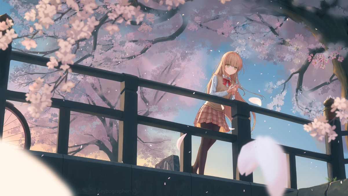 绝美动漫少女赏樱图，栏杆轻倚，花瓣飘落，超清4K风景壁纸，3840x2160高清下载