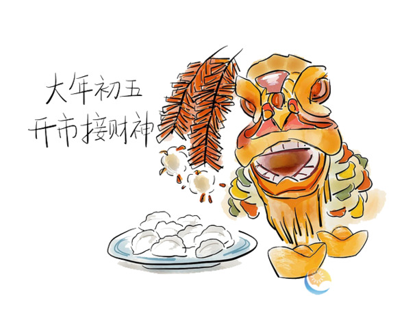 手绘大年初五开市接财神漫画，高清PNG透明图片，节日元素设计素材免费下载