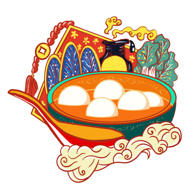 国潮汤圆插画PNG透明图，元旦春节元宵节日素材，高清下载
