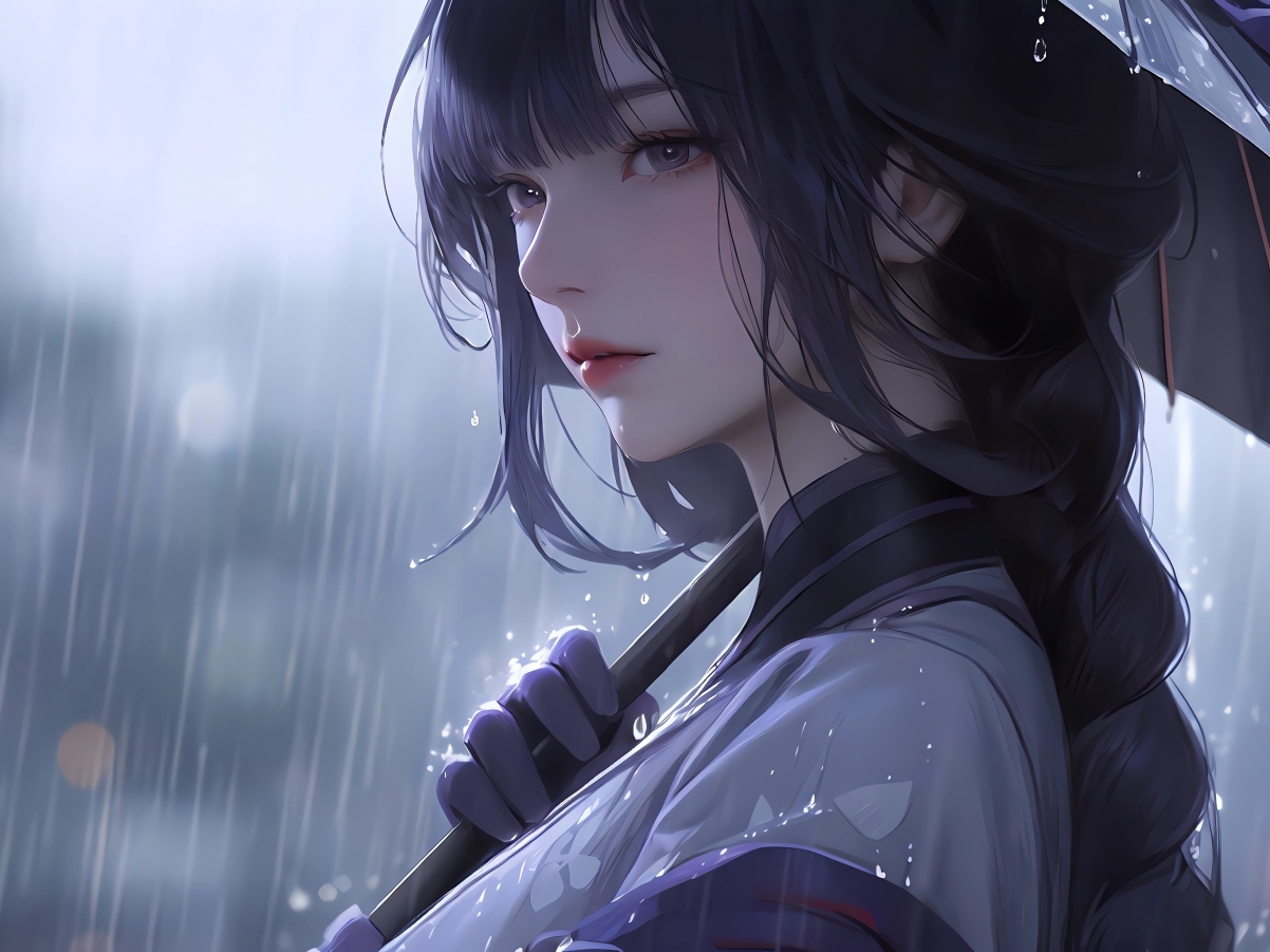 绝美动漫少女，长发飘逸雨中撑伞，平板壁纸高清下载，2732x2048分辨率