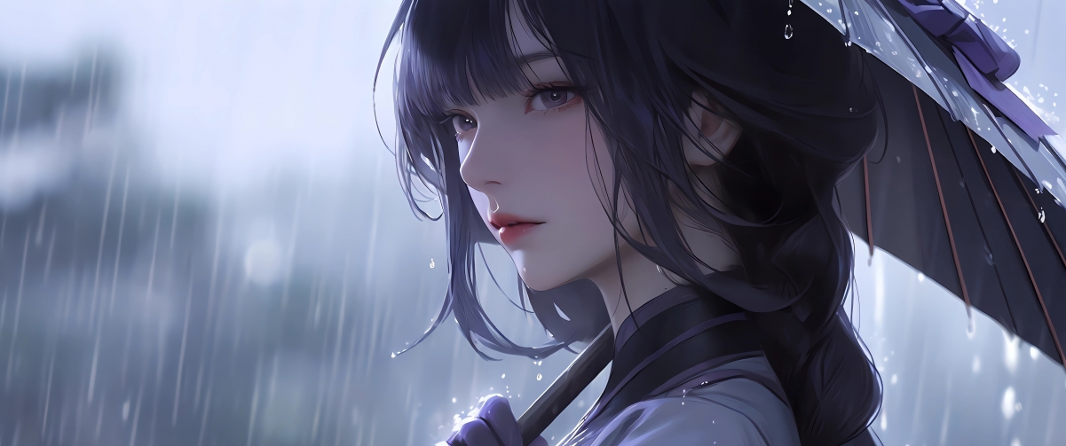 动漫美女长发撑伞雨景，超清4K带鱼屏壁纸3440x1440免费下载