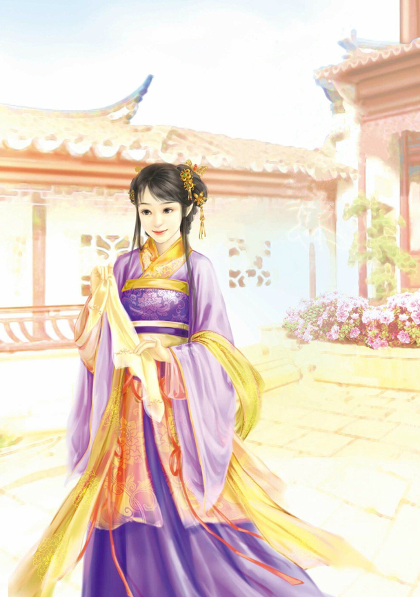 手绘紫色古风美女，可爱卡通PNG透明背景图片素材，高清下载