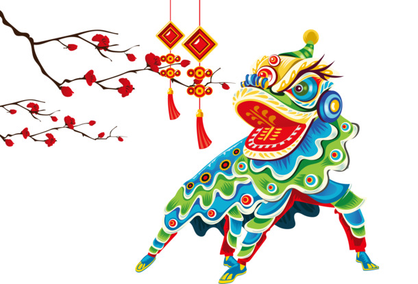 新年舞狮矢量图，高清PNG透明素材，节日元素一网打尽，春节元宵设计必备